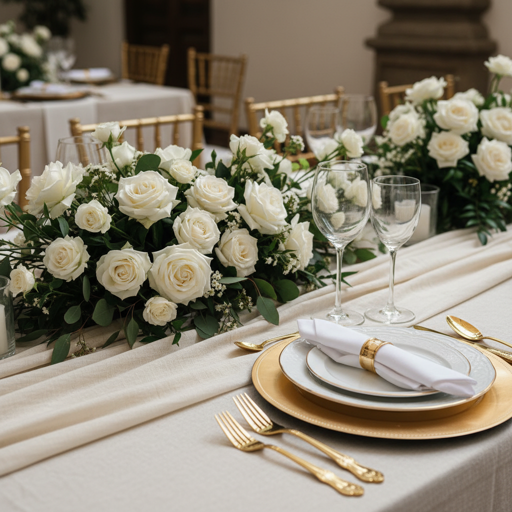 Mesa de boda: cristalería y centro floral
