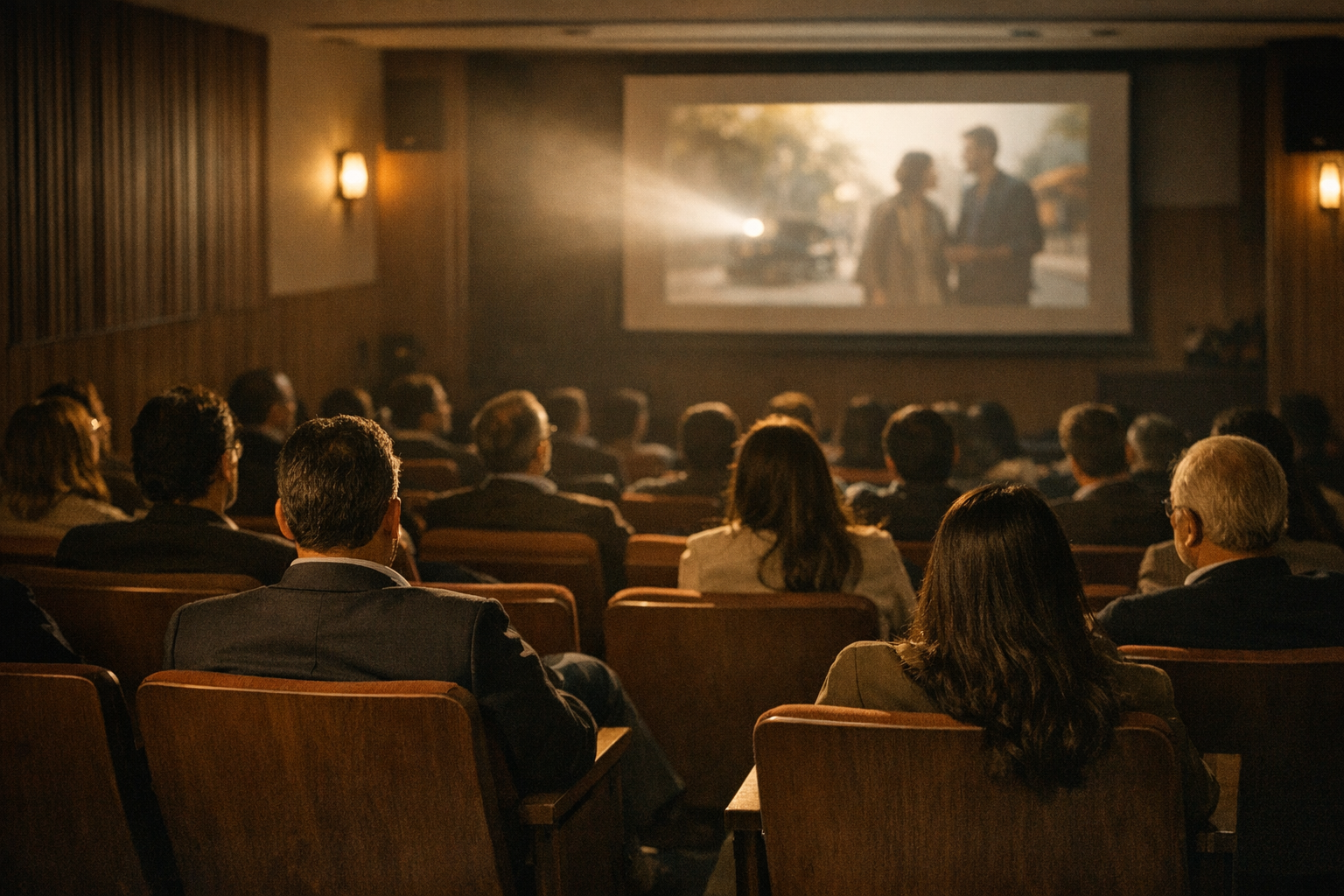Sala de cine independiente, ambiente cálido y sobrio
