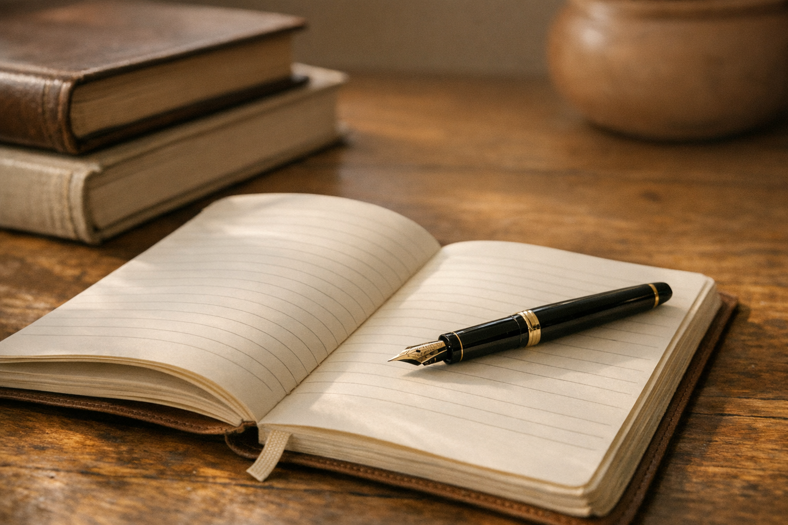 Detalle editorial: cuaderno de notas, pluma y libros