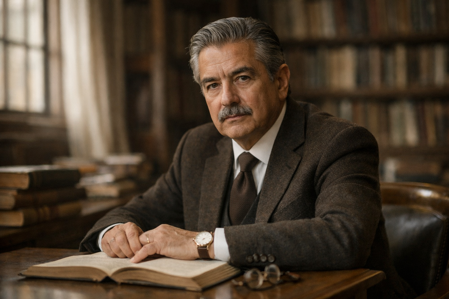 Retrato editorial sobrio de un académico en biblioteca
