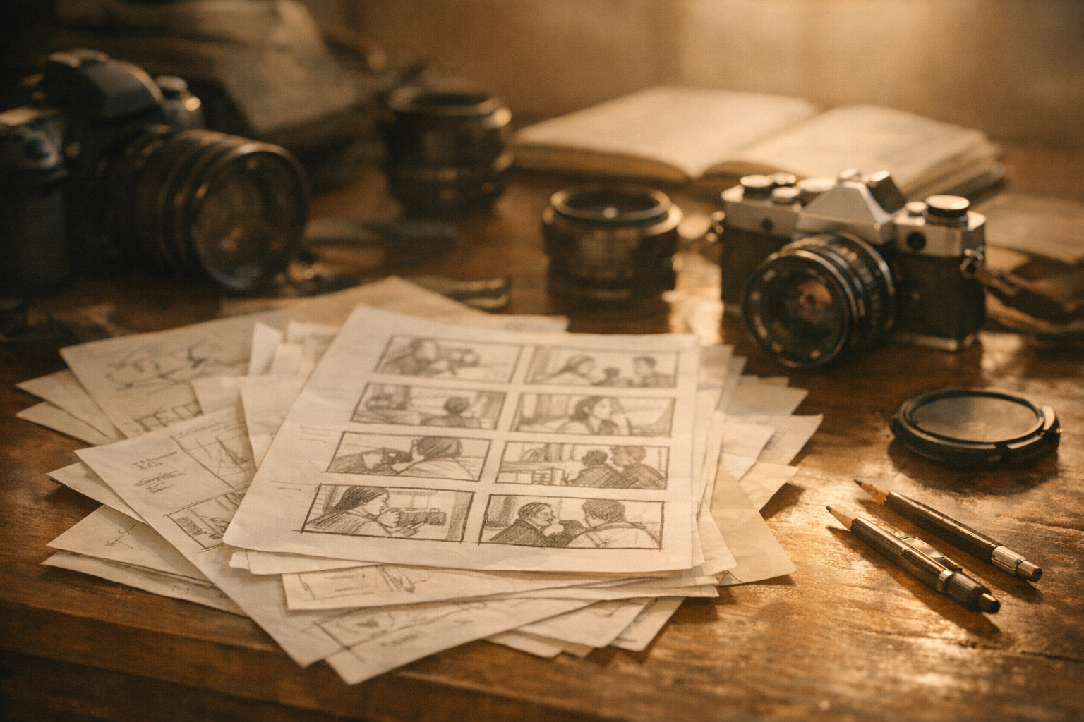 Detalle: storyboard, notas y equipo de grabación