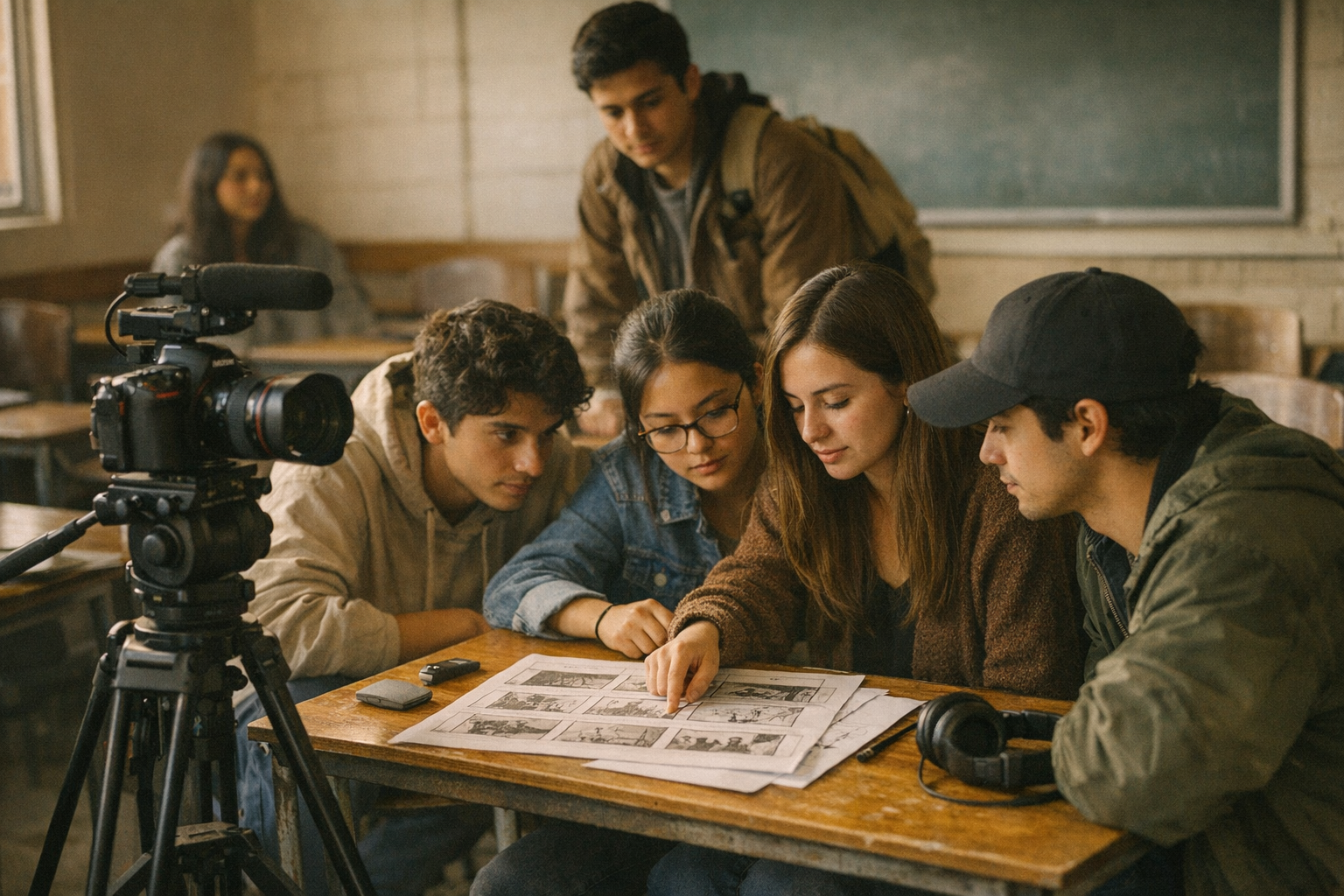 Rodaje estudiantil en un entorno escolar: cámara, guion y equipo