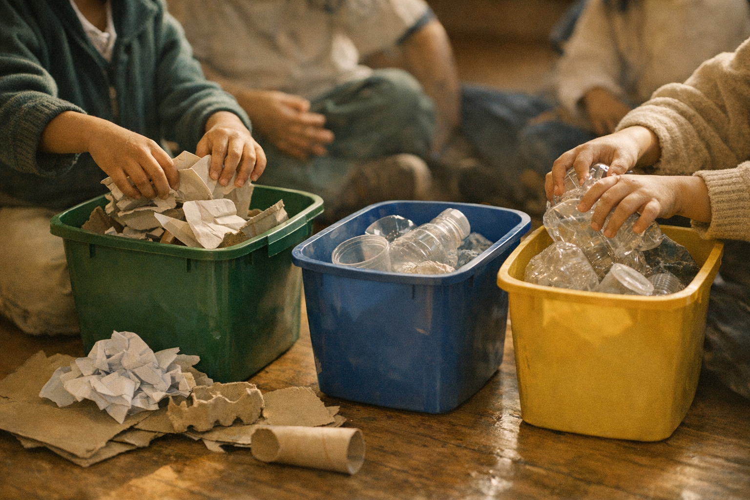 Detalle: manos de niños y materiales reciclables en actividad educativa