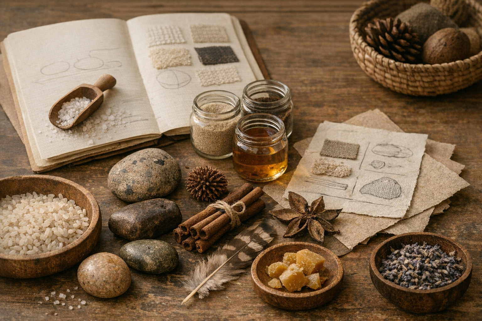 Detalle: materiales sensoriales, objetos naturales y notas de actividad