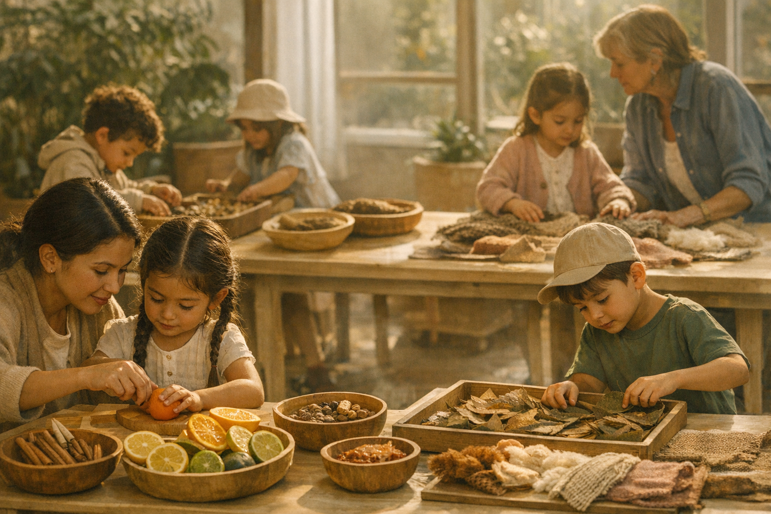 Estación sensorial infantil con materiales naturales y actividades