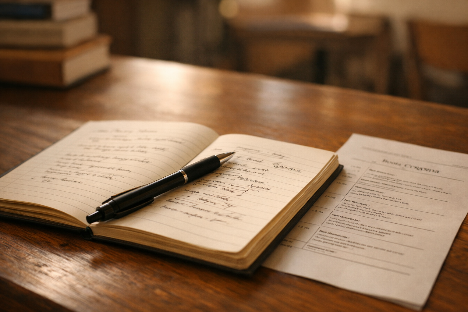 Detalle: cuaderno de notas y guion durante un conversatorio